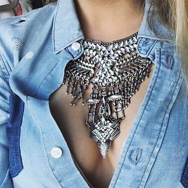 CCBFY Long Tassel Chunky Boho Coin Statement Necklace For Women Silver - Image 2